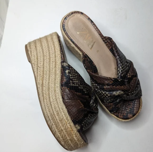 Zara Jute Espadrille Platform Sanda Size 37 Brown Snake 6.5 - Picture 3 of 6
